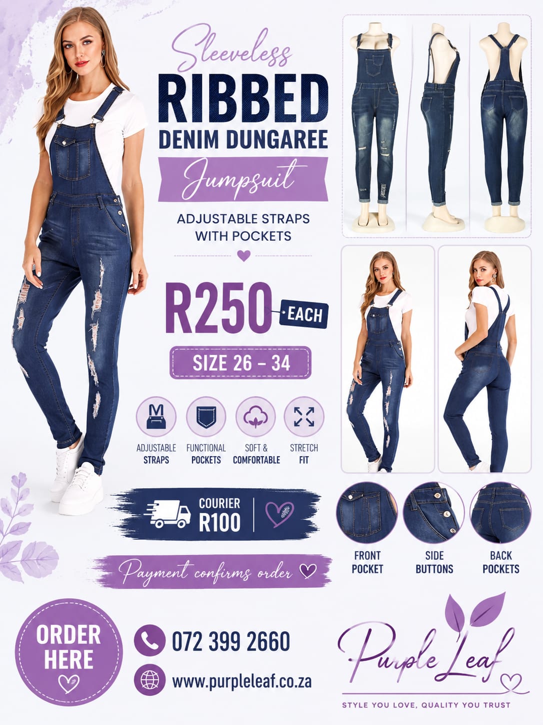 Sleeveless Ribbed Denim Dungaree, Adjustable Straps With Pockets Jumpsuit